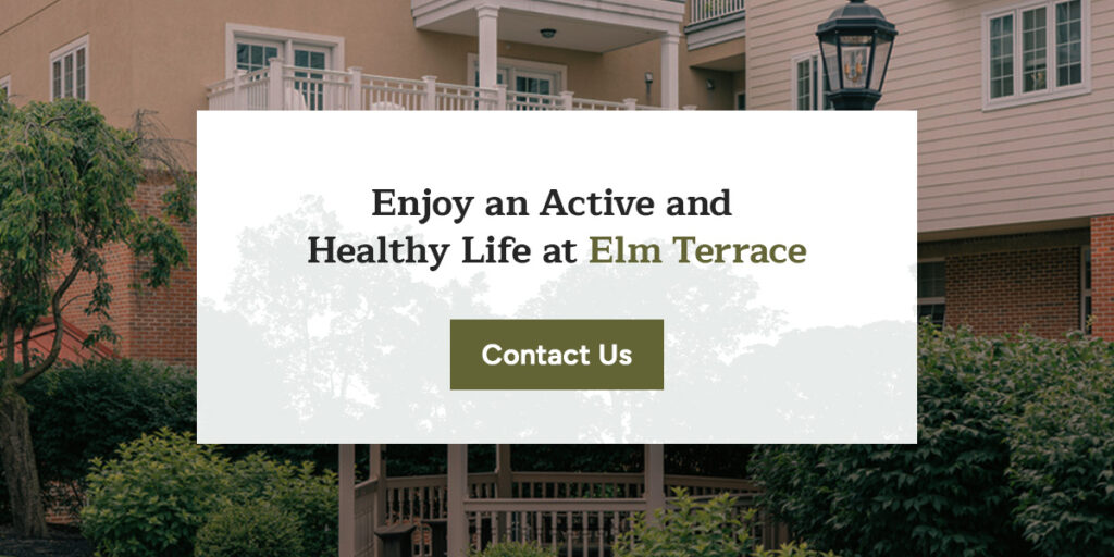 a picture of a beautiful retirement community with the words enjoy an active and healthy life at elm terrace